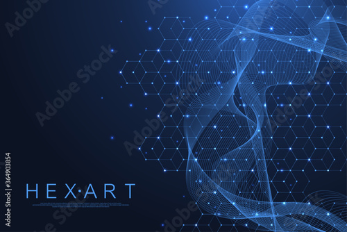 Technology abstract lines and dots connect background with hexagons. Hexagon grid. Hexagons connection digital data and big data concept. Hex digital data visualization. Vector illustration.