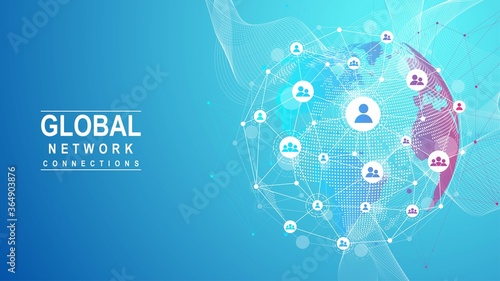 Global network connection concept. Big data visualization. Social network communication in the global computer networks. Internet technology. Business. Science. Vector illustration