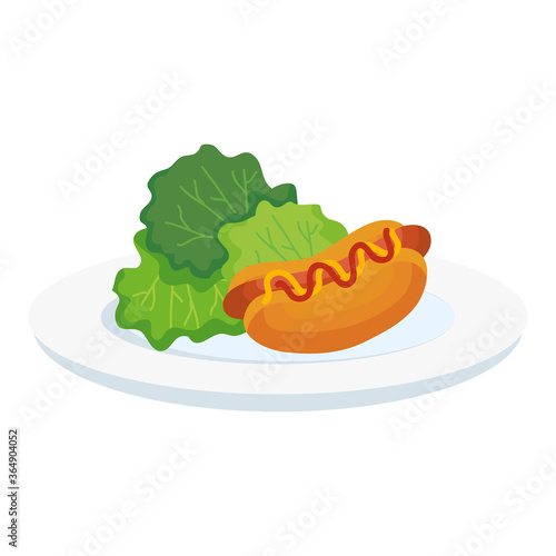 hot dog and lettuce on plate design, food eat restaurant and menu theme Vector illustration