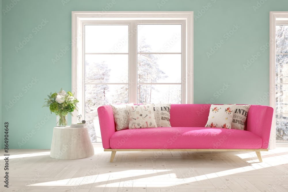Fototapeta premium Colorful stylish minimalist room with sofa and winter landscape in window. Scandinavian interior design. 3D illustration
