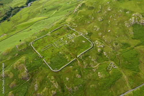 Aerial of Hardknott Roman Fort is an archeological site, the remains of the Roman fort Mediobogdum, located on the western side of the Hardknott Pass in the English county of Cumbria photo