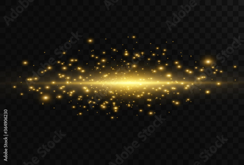 Beautiful bright horizontal flare. Golden glare on a transparent background. Light stripes on a dark background. Yellow rays.