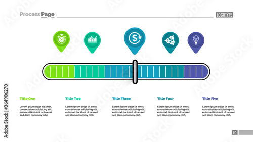 Five pointers scale metaphor process chart template for presentation. illustration. Elements of diagram, graph. Workflow, plan, finance, business or analysis concept for infographic, report.
