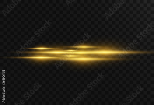 Beautiful bright horizontal flare. Golden glare on a transparent background. Light stripes on a dark background. Yellow rays.