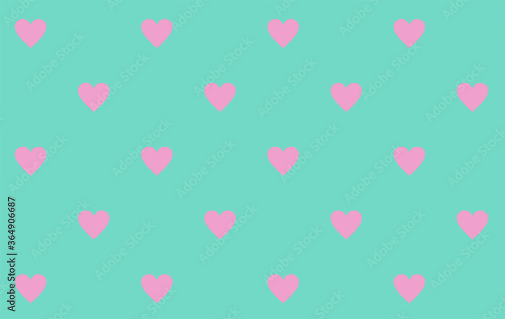 minimalistic pattern of pink hearts on a turquoise background.