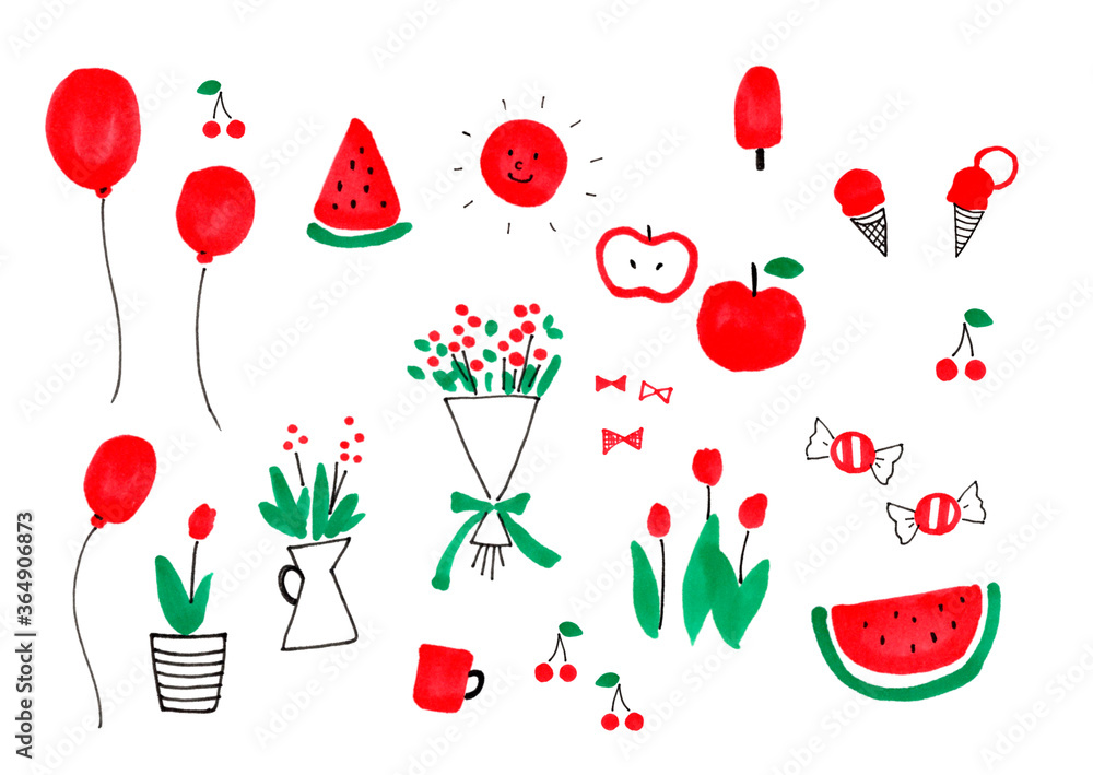 かわいい ほっこり イラスト素材 雑貨 食べ物 ライフスタイル 手描きイラスト 赤 手書き イラスト セット 飾り デコレーション 風船 花 りんご スイカ アイス 赤いもの 白背景 グラフィック素材 Stock Illustration Adobe Stock