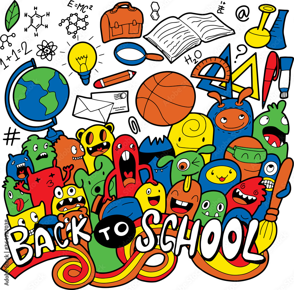 back to school monsters, themes Standing in front of the board background, illustration