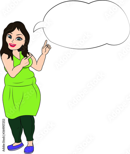 amazing beautiful fat young woman pointing to a blank thought bubble empty template put your product service marketing text logo company info or anything else