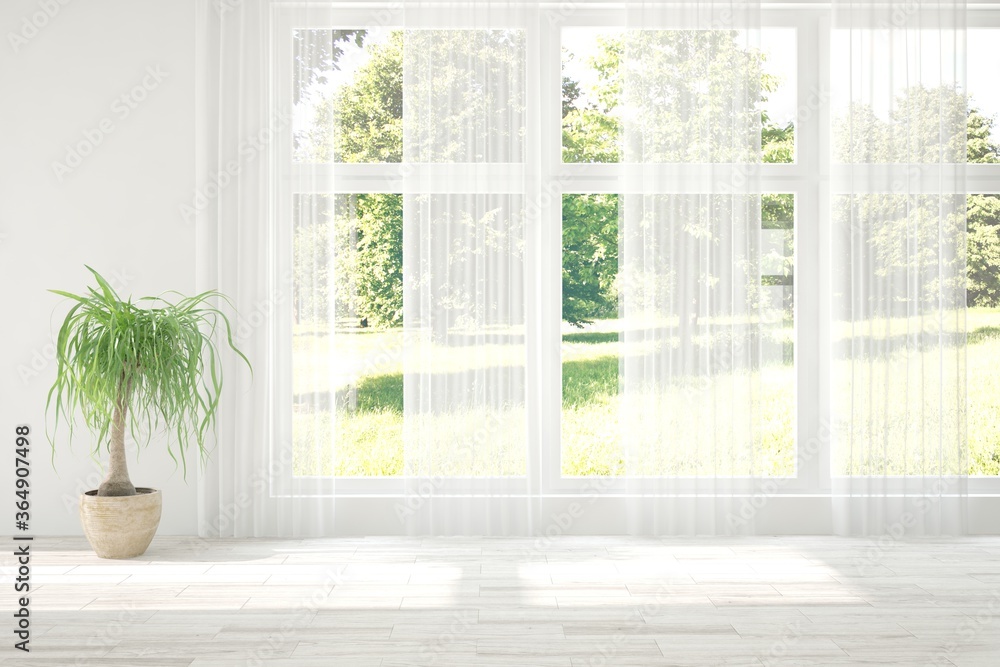 Fototapeta premium White stylish empty room with summer landscape in window. Scandinavian interior design. 3D illustration
