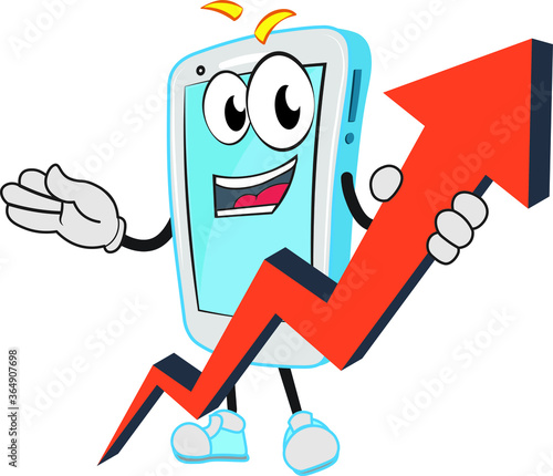 Amazing funny Smartphone mobile character presenting holding a rising growth arrow graph graphical progress stock business success