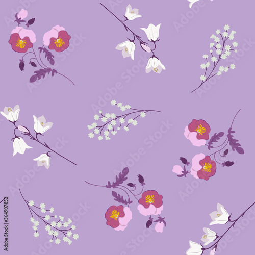 Field bells and pansies on a lilac, seamless background. Vector illustration.