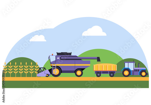 Harvesting. The harvester collects wheat in a tractor trailer. Farm landscape in flat design. Screensaver for the site
