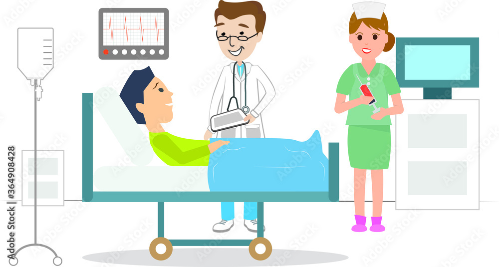 Artwork of a professional doctor visiting a male boy patient in hospital bed laying clinic nurse standing with a syringe full of bold sample ECG EKG heart pulse saline monitor Artwork of a professional doctor visiting a male boy patient in hospital bed laying clinic nurse standing with a syringe full of bold sample ECG EKG heart pulse saline monitor