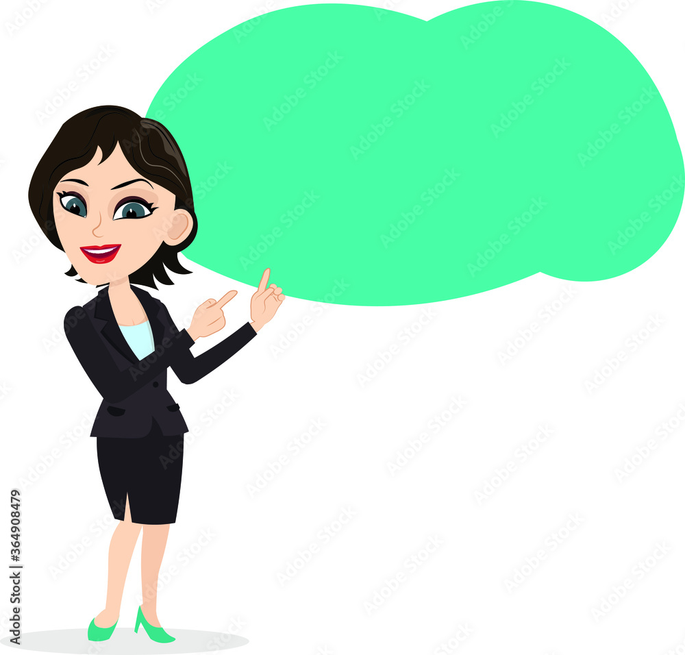 Attractive business girl pointing to a blank empty imaginary bubble write your message product image sales marketing corporate info Attractive business girl pointing to a blank empty imaginary bubble write your message product image sales marketing corporate info