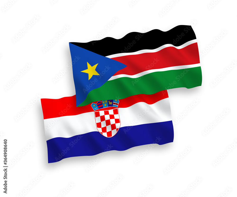 National vector fabric wave flags of Republic of South Sudan and Croatia isolated on white background. 1 to 2 proportion.