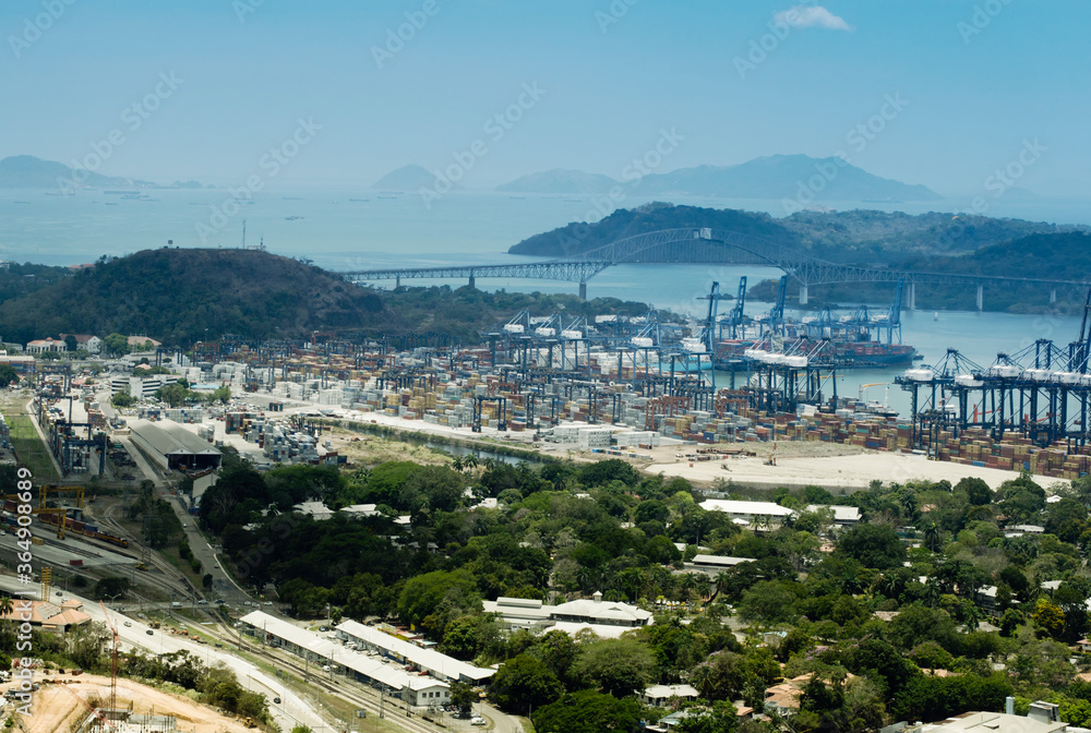 Aerial View Of Panama Industrial Port On The Atlantic Side. Large Harbor Cranes At The Commercial Dock In Panama City