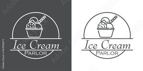 Concepto heladería. Logo lineal con texto Ice Cream Parlor en círculo con vaso con 3 bolas de helado con cobertura de toppings y galleta en fondo gris y fondo blanco 