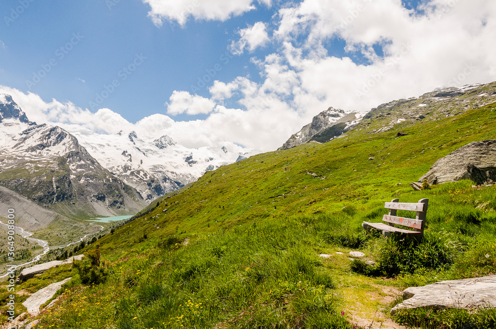 Piz Roseg, Val Roseg, Lej da Vadret, Piz Sella, Piz Glüschaint, Sellagletscher, Wanderweg, Holzbank, Berninagruppe, Oberengadin, Corvatsch, Murtèl, Alpen, Sommer, Graubünden, Schweiz Piz Roseg, Val Roseg, Lej da Vadret, Piz Sella, Piz Glüschaint, Sellagletscher, Wanderweg, Holzbank, Berninagruppe, Oberengadin, Corvatsch, Murtèl, Alpen, Sommer, Graubünden, Schweiz