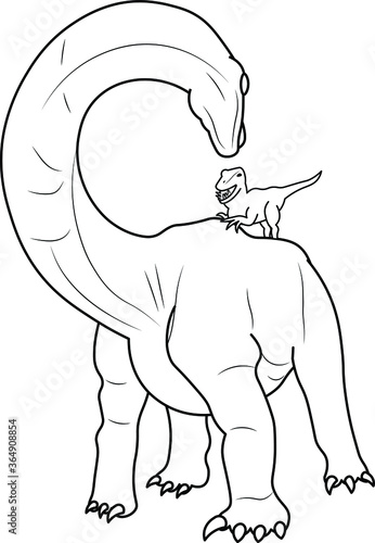 Baby T rex riding on brachiosaurus dinosaur long neck having fun education learning