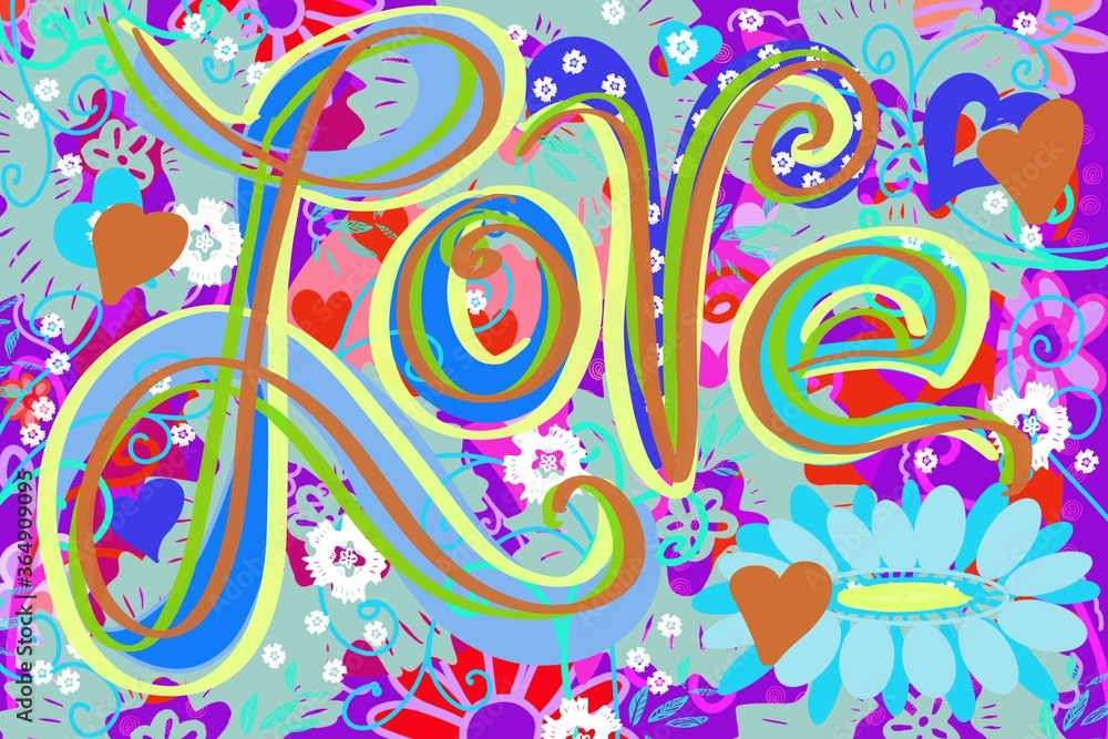 Fun Abstract Retro sixty's seventy's I LOVE YOU , LOVE, PEACE, Hippie sychodelic hand drawn floral colorful  decorative design original artwork Valentine  WORD calligraphy