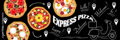 Affiche ou bannière pour des livraisons de pizzas sur un fond de tableau noir.