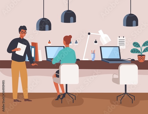 Black skin colleagues at modern co working office vector flat illustration. M...