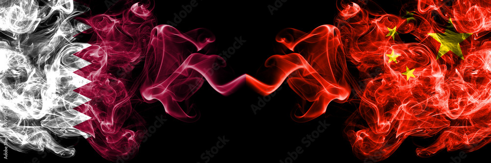 Qatar vs China, Chinese smoky mystic flags placed side by side. Thick colored silky abstract smoke flags. Qatar vs China, Chinese smoky mystic flags placed side by side. Thick colored silky abstract smoke flags.