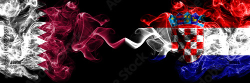 Qatar vs Croatia, Croatian smoky mystic flags placed side by side. Thick colored silky abstract smoke flags.