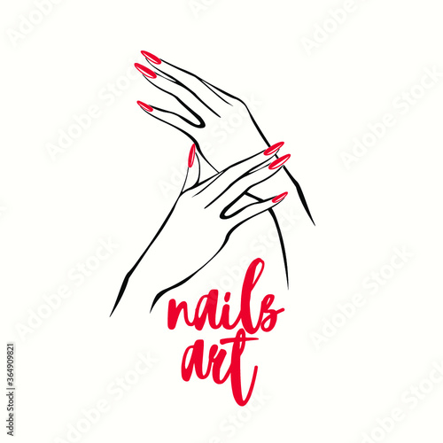 Nails art logo.Woman hands with elegant red nail polish manicure.Nail salon illustration.Cosmetics icon isolated on white background.