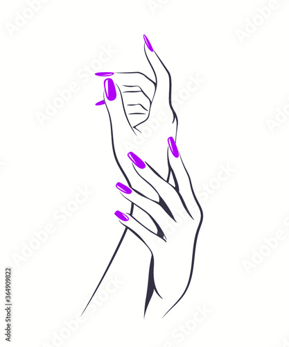 Nails art logo.Woman hands with elegant purple color nail polish manicure.Nail salon illustration.Cosmetics icon isolated on white background.