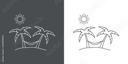 Concepto destino de vacaciones de verano. Icono plano lineal hamaca colgada entre palmeras en playa en fondo gris y fondo blanco
