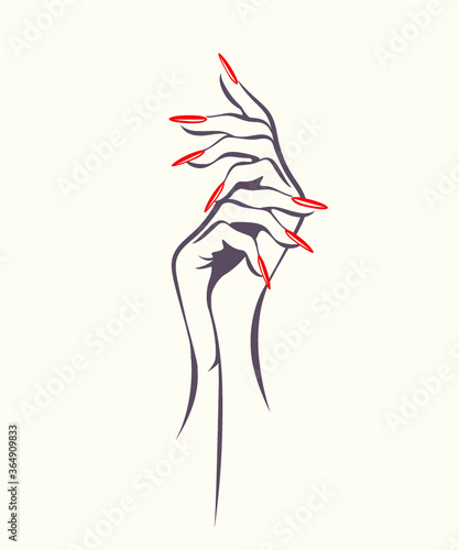 Nails art logo.Woman hands with elegant red nail polish manicure.Nail salon illustration.Cosmetics icon isolated on light background.