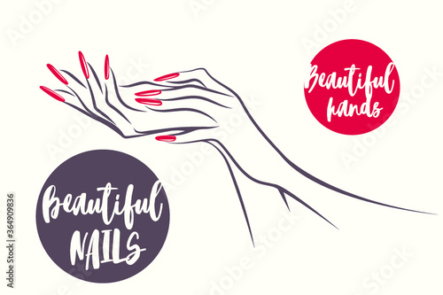 Nails art logo.Woman hands with elegant red nail polish manicure.Nail salon illustration.Cosmetics icon isolated on light background.