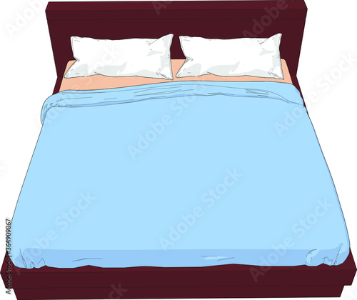 Wonderful top angle view front Birds eye perspective Double bed furniture interior element pillows blanket oak wood brown blue white