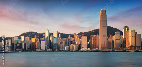 Photography Night and Skyline of Urban Architecture in Hong Kong