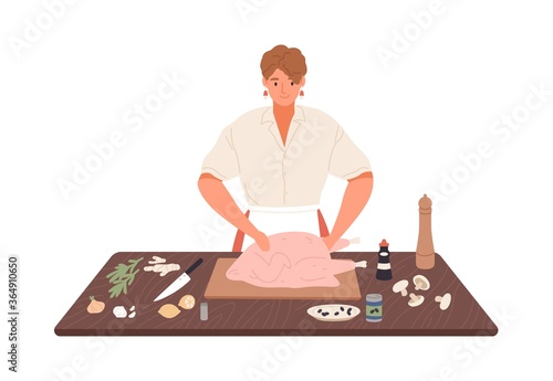 Smiling housewife preparing turkey on kitchen table vector flat illustration. Happy woman cooking food with spices and herbs isolated on white. Female in apron preparation meal to Thanksgiving Day