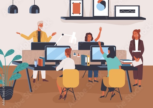 Friendly colleagues taking part in voting raising hand at modern co working space vector flat illustration. Group of smiling employees discussing work together. People sitting at desk with computers