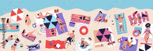 Crowd of people resting on beach enjoy summer vacation vector flat illustration. Man, woman and children sunbathing, applying lotion, sleeping, surfing internet and lying at seashore. Seaside resort
