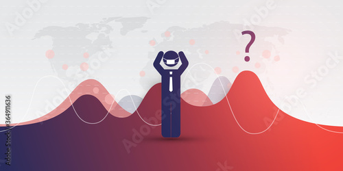 Global Economic Downfall Because of the Corona Virus Pandemic - Waves of Infection, Financial Problems, Economic Crisis - Design Concept with World Map, Charts and Businessman Holding His Head