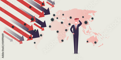 Global Economic Downfall Because of the Corona Virus Pandemic - Waves of Infection, Financial Problems - Design Concept with World Map and Businessman Scratching His Head