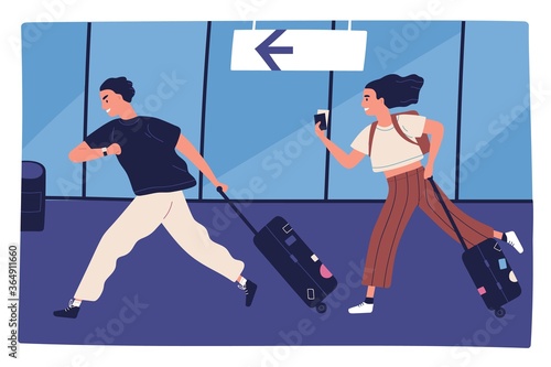 Scene of man and woman hurrying to flight at airport terminal vector flat illustration. Couple running carrying baggage or luggage. Happy rushing tourists going on summer vacation, journey or trip