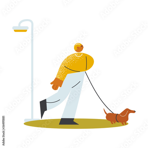 Man walking his dog to get to open veranda of cafe for lunch