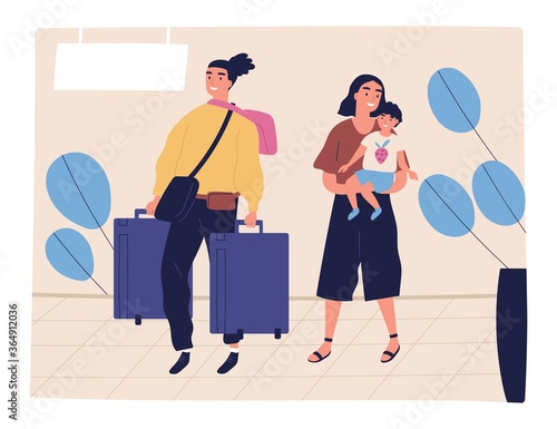 Happy family going on summer vacation together vector flat illustration. Smiling travel mother, father and son at airport terminal. Joyful tourist man carrying baggage and hand luggage