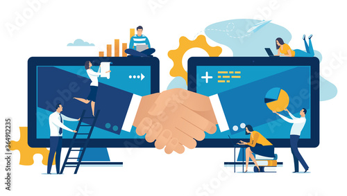 Agreement over the internet. Team and hand shake over network. Business vector illustration.