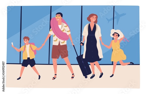 Travel family going to summer vacation together vector flat illustration. Parents and kids carry baggage or luggage at airport. People with boarding pass following to departure flight at terminal