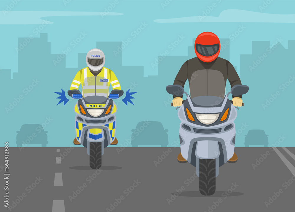 European traffic police officer on a bike chasing criminal riding a motorcycle on the highway. Flat vector illustration template.