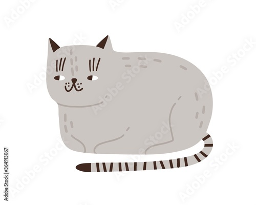 Funny childish gray cat vector flat illustration. Cute domestic animal with striped tail isolated on white background. Cheerful pet lying hiding paws under body. Cunning feline character