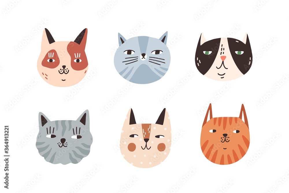 Set of different breeds cat muzzle vector flat illustration. Collection portraits of various cute childish domestic animals isolated on white. Spotty and striped kitty heads with design elements Set of different breeds cat muzzle vector flat illustration. Collection portraits of various cute childish domestic animals isolated on white. Spotty and striped kitty heads with design elements