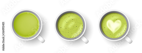 Realistic 3d cup of hot aromatic green Japanese tea matcha latte drink set. A teacup top view isolated on white background. Vector illustration for web design, menu, app, advert