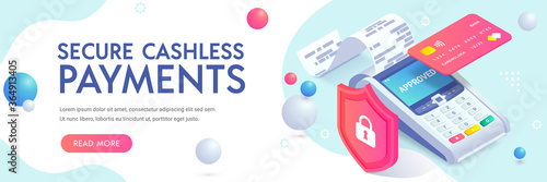 Secure cashless payment via credit card isometric abstract banner concept. 3d payment machine, plastic card behind shield. Contactless transaction protection, NFC payment safety. Vector illustration